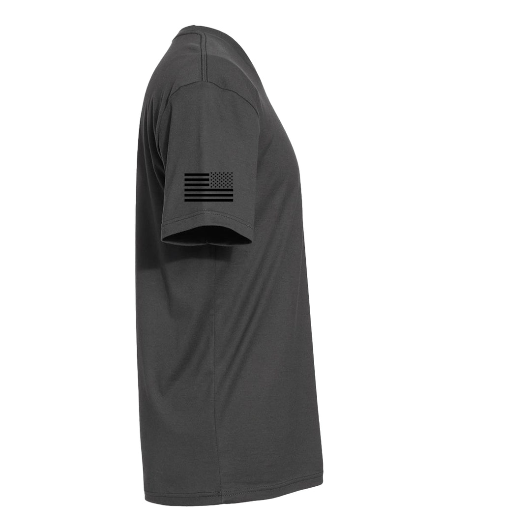 Right side of  firefighter t-shirt in heavy metal color with USA flag on the sleeve