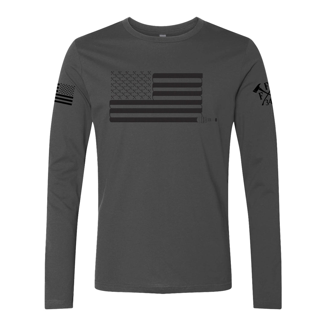 Front view of firefighter long sleeves in heavy metal color with a full front print of USA flag and a sword design perfect for fire department apparel