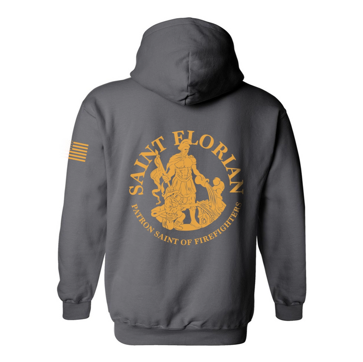 Back view of firefighter hoodies in grey with a full back design featuring the Saint Florian Patron Saint of Firefighters