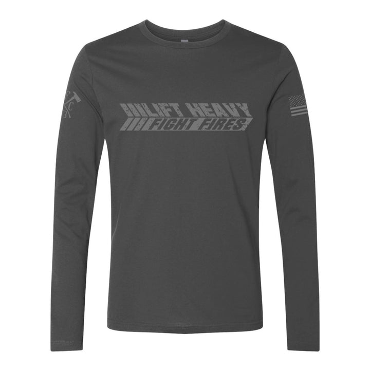 Front view of firefighter long sleeves in heavy metal color featuring a bold text Lift Heavy Fight Fires