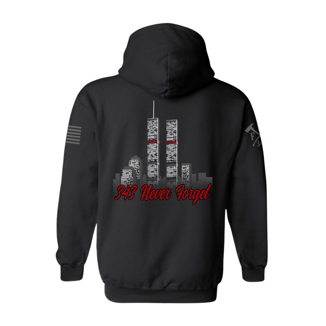 Back view of 9/11 Never Forget firefighter hoodies in black color featuring full-back design features the Twin Towers, with "343 Never Forget"