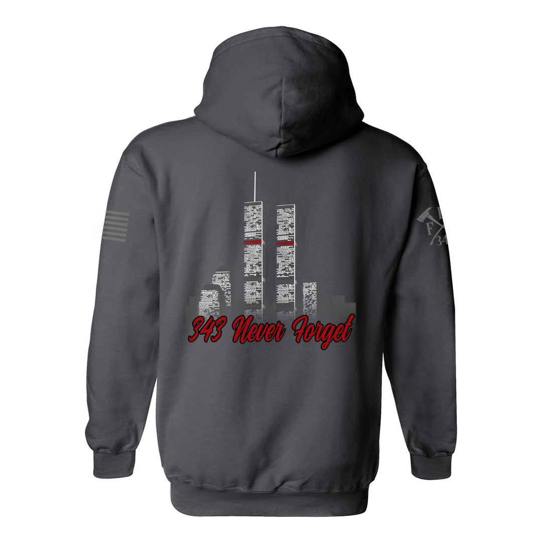 Back view of 9/11 Never Forget firefighter hoodies in grey color featuring full-back design features the Twin Towers, with "343 Never Forget"
