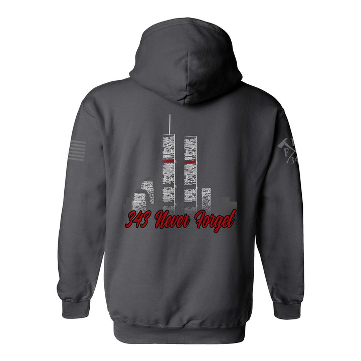 Back view of 9/11 Never Forget firefighter hoodies in grey color featuring full-back design features the Twin Towers, with "343 Never Forget"