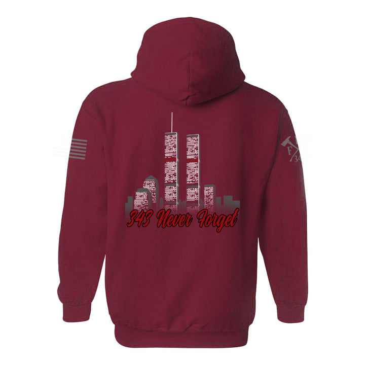 Back view of 9/11 Never Forget firefighter hoodies in red color featuring full-back design features the Twin Towers, with "343 Never Forget"