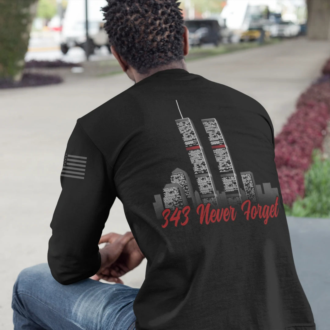 Back view of 9/11 Never Forget firefighter long sleeves in black color featuring full-back design features the Twin Towers, with "343 Never Forget"