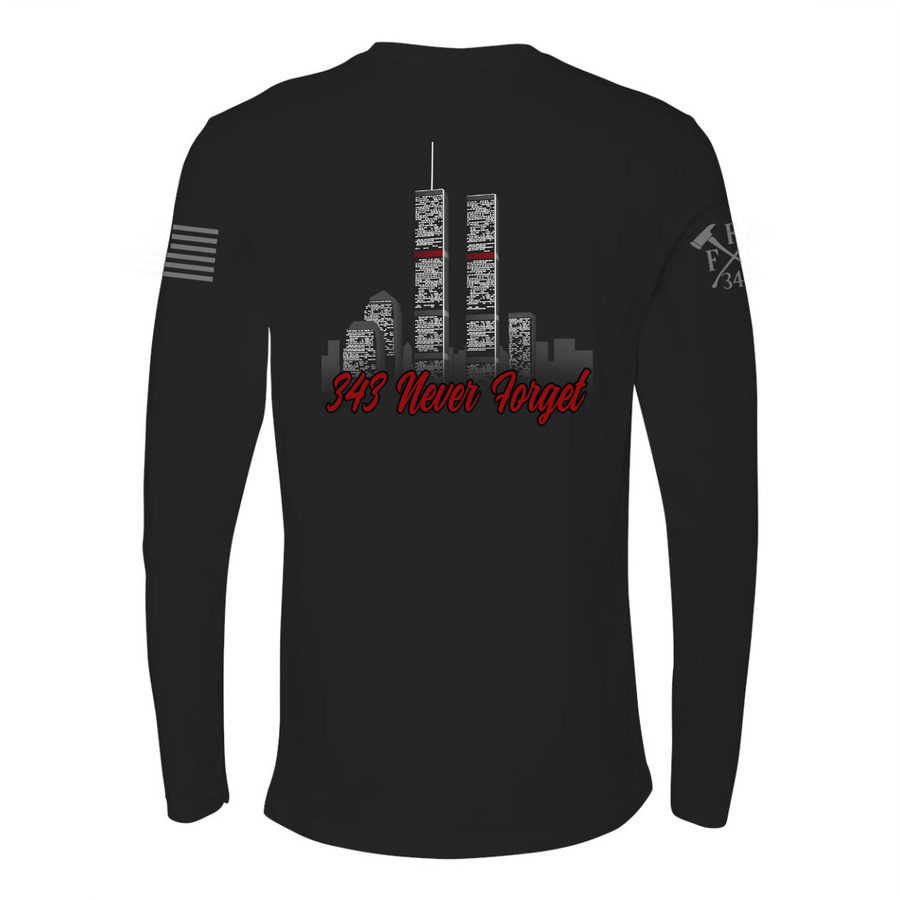 Back view of 9/11 Never Forget firefighter long sleeves in black color featuring full-back design features the Twin Towers, with "343 Never Forget"