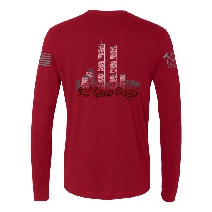 Back view of 9/11 Never Forget firefighter long sleeves in red color featuring full-back design features the Twin Towers, with "343 Never Forget"