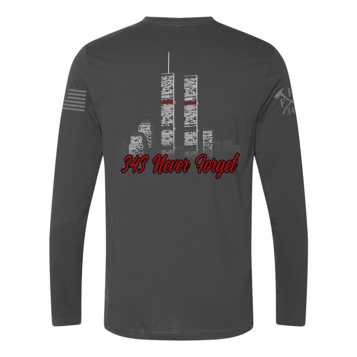 Back view of 9/11 Never Forget firefighter long sleeves in heavy metal color featuring full-back design features the Twin Towers, with "343 Never Forget"