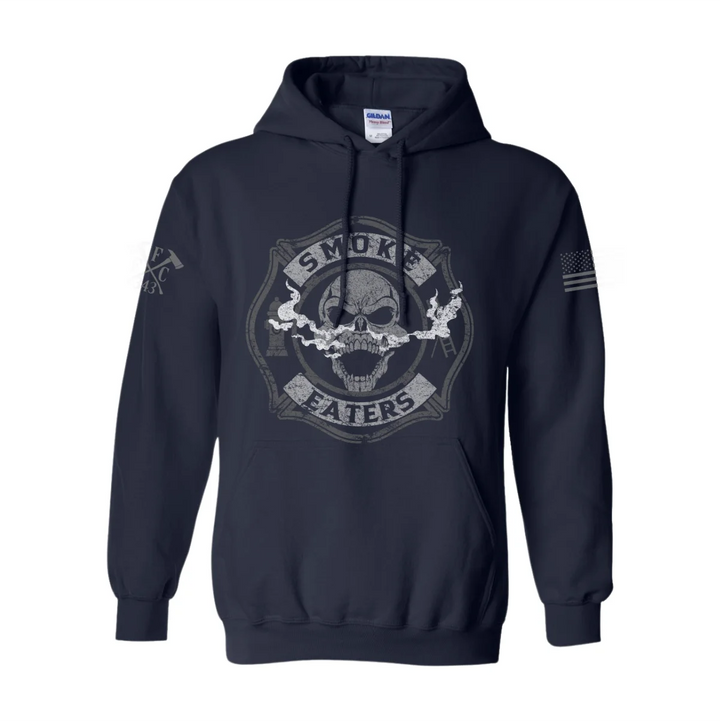 Front view of firefighter hoodies in navy color featuring a full-front design print of a skull inhaling smoke, with a distressed grey and off-white look.