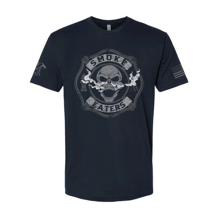 Front view of firefighter T-Shirt in navy color featuring a full-front design print of a skull inhaling smoke, with a distressed grey and off-white look.