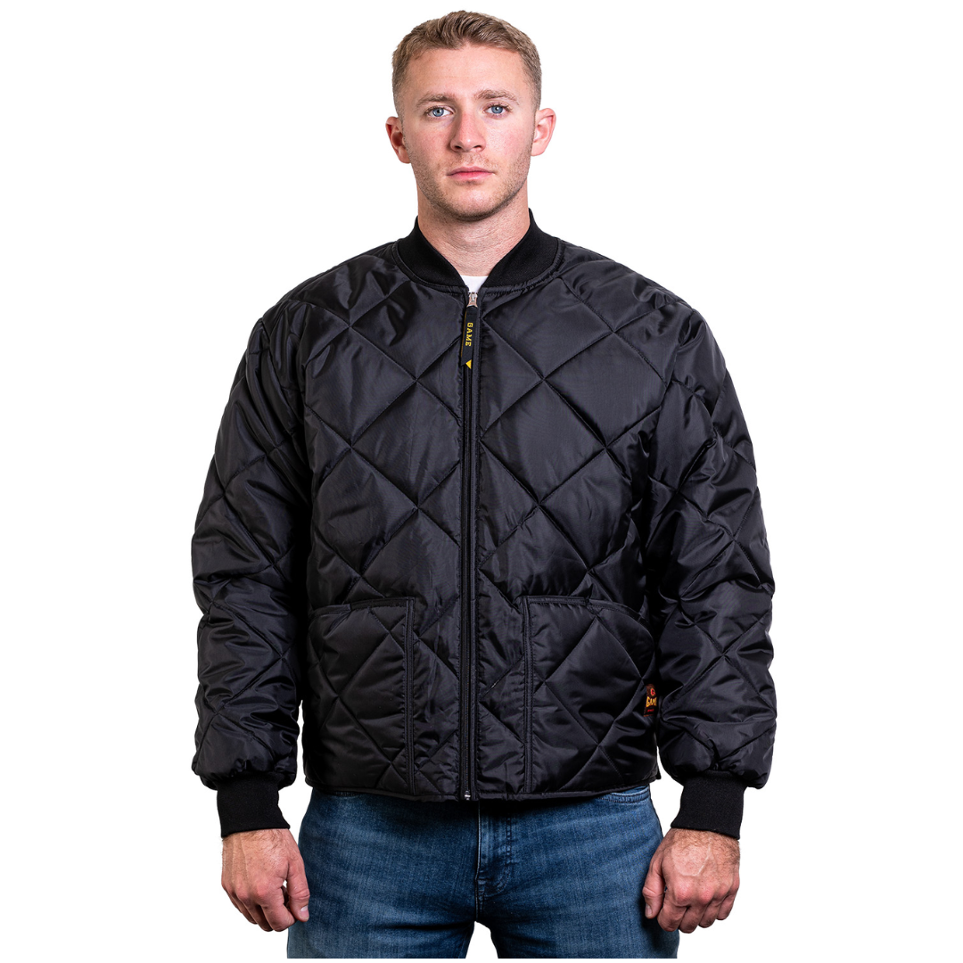Durable firehouse jacket with crossed axe emblem