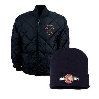 Crossed Firefighter Axes  Puffed Jacket and Beanie Gift Bundle