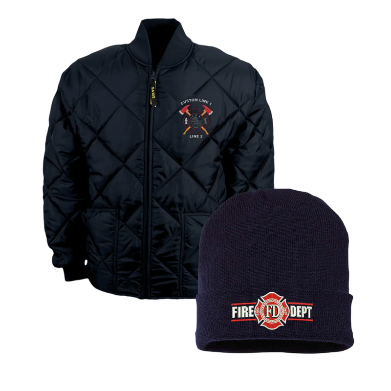 Crossed Firefighter Axes  Puffed Jacket and Beanie Gift Bundle
