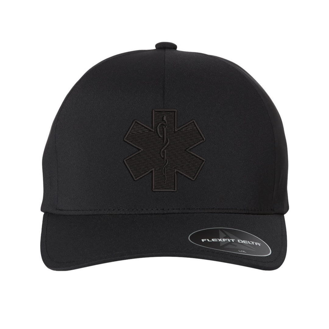Star of Life emblem embroidered in black on a blackout Delta FlexFit hat