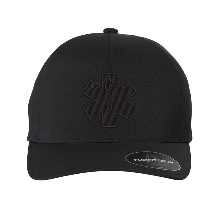 Star of Life emblem embroidered in black on a blackout Delta FlexFit hat