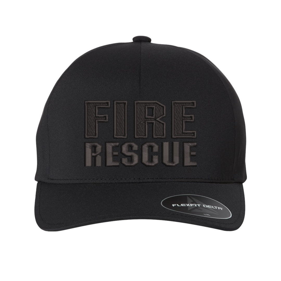Front view of the Fire Rescue Blackout Delta FlexFit Hat, showcasing the bold "Fire Rescue" embroidery.