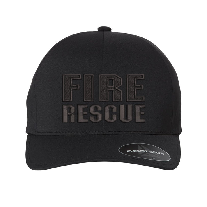 Front view of the Fire Rescue Blackout Delta FlexFit Hat, showcasing the bold "Fire Rescue" embroidery.