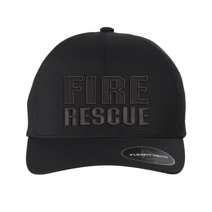 Front view of the Fire Rescue Blackout Delta FlexFit Hat, showcasing the bold "Fire Rescue" embroidery.