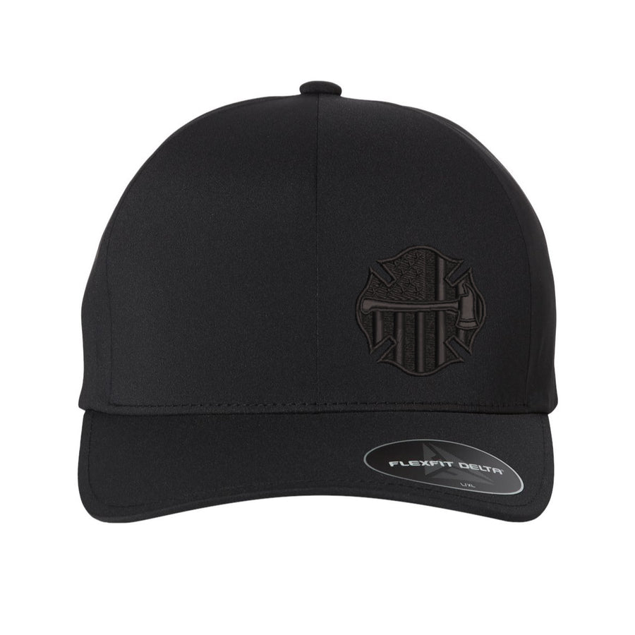 Front view of the Thin Red Line Axe Maltese Blackout Delta FlexFit Hat, showcasing the bold axe and Maltese cross design with the Thin Red Line.