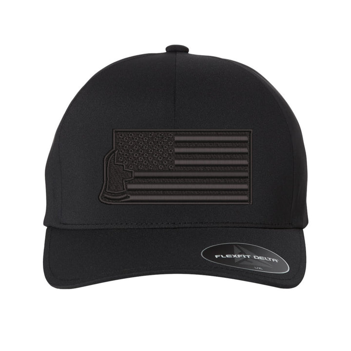 Front view of the Thin Red Line Axe Maltese Blackout Delta FlexFit Hat, featuring a bold axe and Maltese cross design with the Thin Red Line.