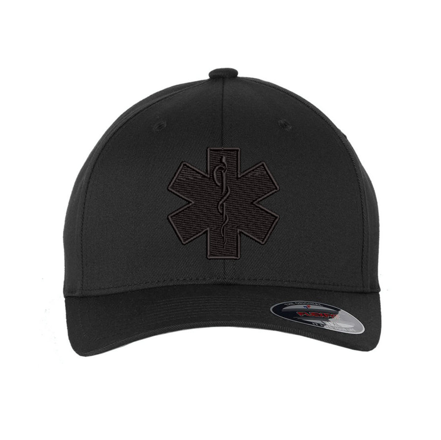 Star of Life emblem embroidered in black on a sleek blackout FlexFit hat.