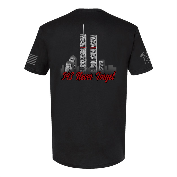 Back view of 9/11 firefighter T-Shirt in black color featuring full-back design features the Twin Towers, with "343 Never Forget"