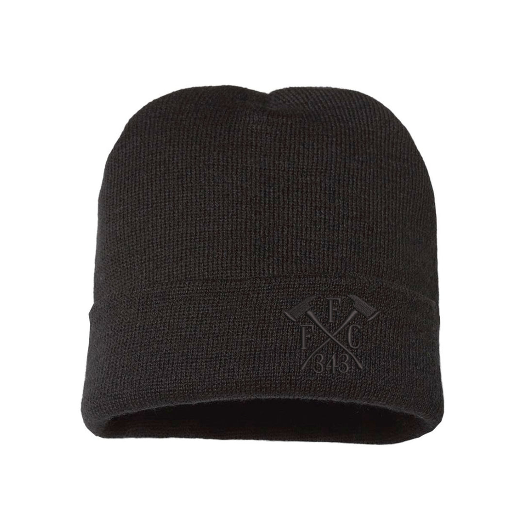 Blackout beanie with all-black FFC 343 Crossed Axes embroidery, honoring fallen firefighters from 9/11.