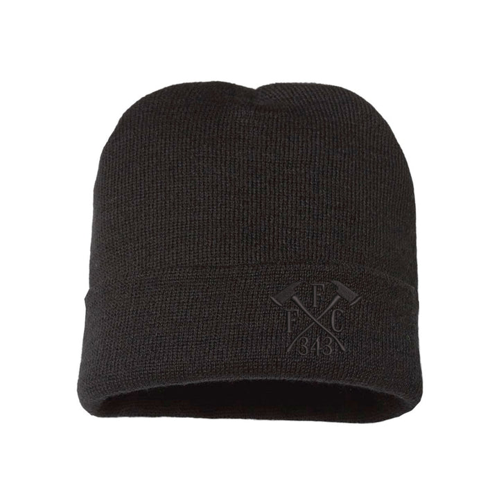 Blackout beanie with all-black FFC 343 Crossed Axes embroidery, honoring fallen firefighters from 9/11.