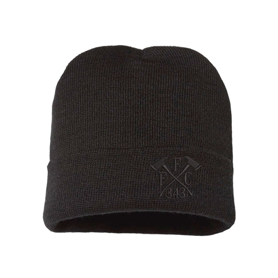 Blackout beanie with all-black FFC 343 Crossed Axes embroidery, honoring fallen firefighters from 9/11.