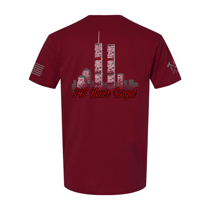 Back view of 9/11 firefighter T-Shirt in cardinal red color featuring full-back design features the Twin Towers, with "343 Never Forget"