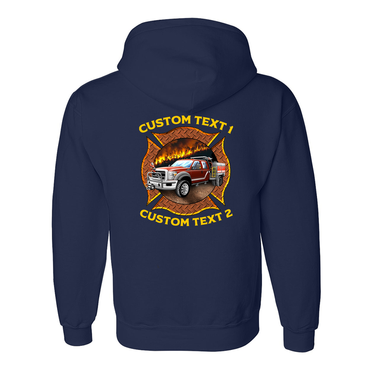 Wildland firefighting hoodie with personalized unit text