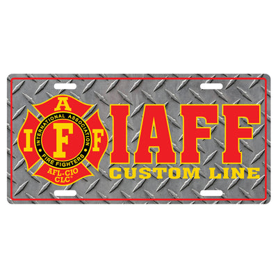 IAFF Red and Gold Firefighter License Plate with Diamond Plated Look