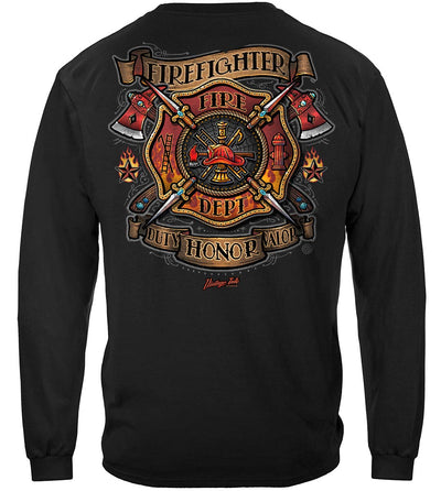 Black Firefighter Duty, Honor, Valor Vintage Tattoo Art Classic Long Sleeve Shirts