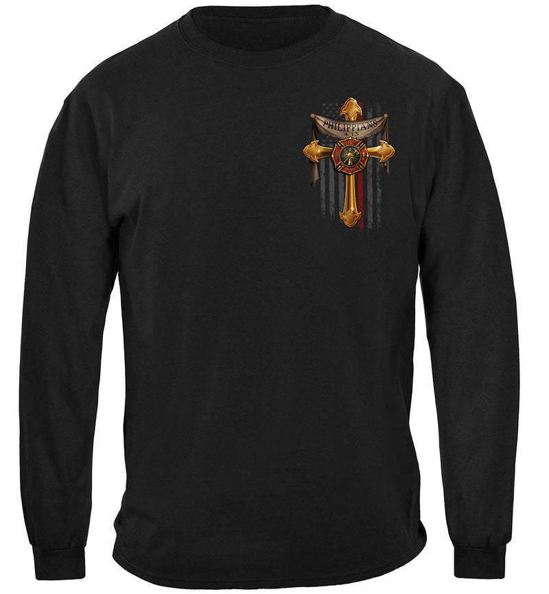Black Firefighter Bible Verse Philipians 4: 13 I Can Do all things Thru Christ Classic Long Sleeve Shirts Front