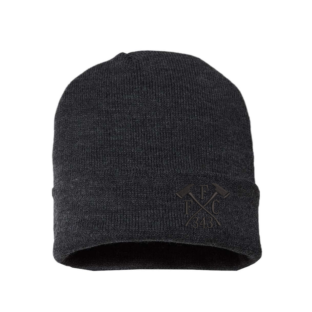 Cuffed firefighter beanie in dark grey with subtle black FFC 343 Crossed Axes embroidered design.