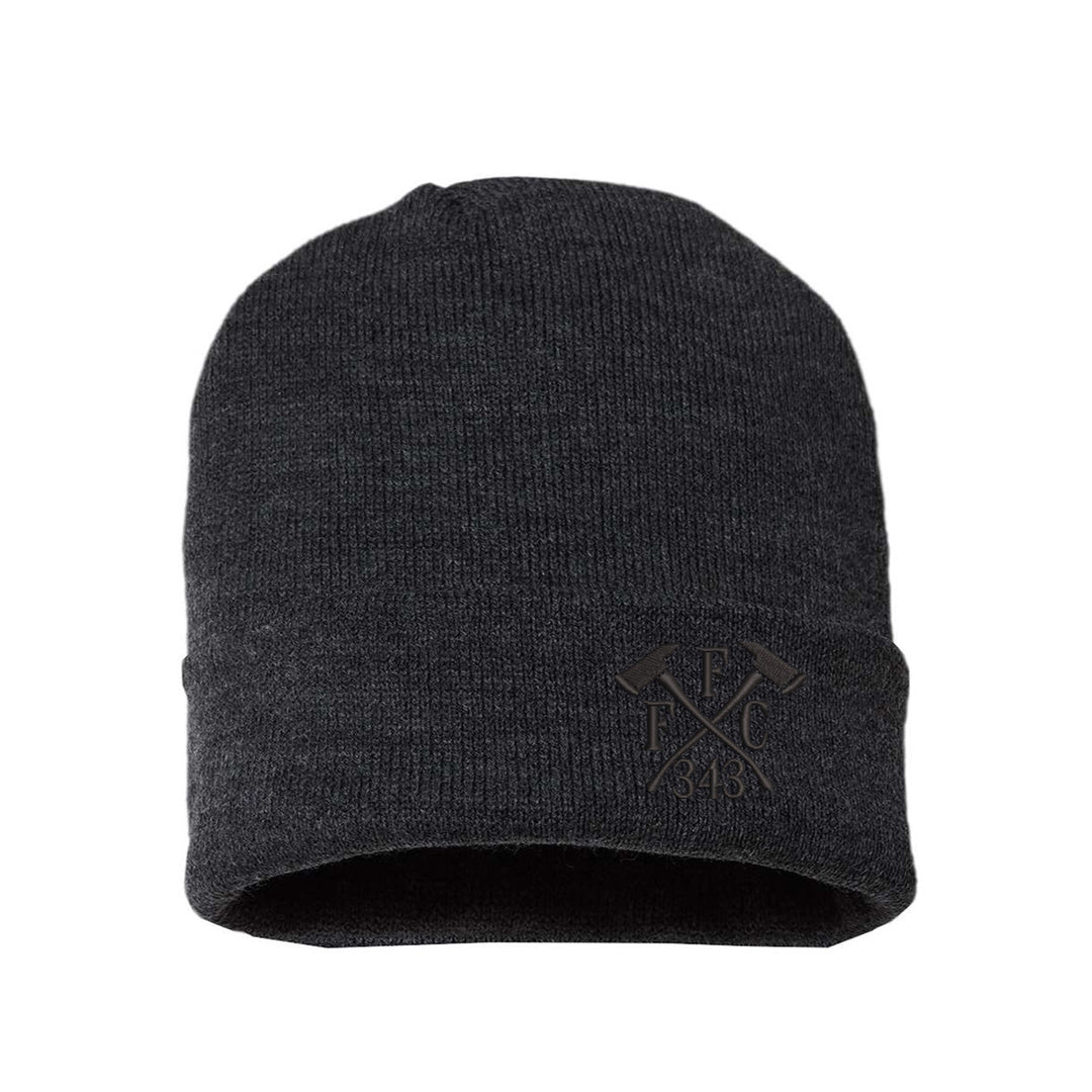 Cuffed firefighter beanie in dark grey with subtle black FFC 343 Crossed Axes embroidered design.