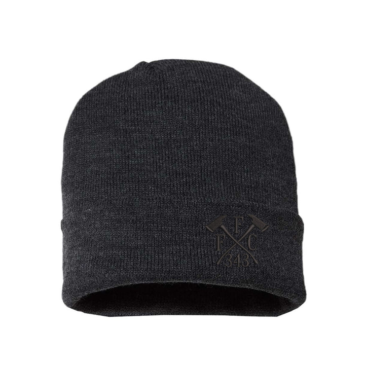 Cuffed firefighter beanie in dark grey with subtle black FFC 343 Crossed Axes embroidered design.