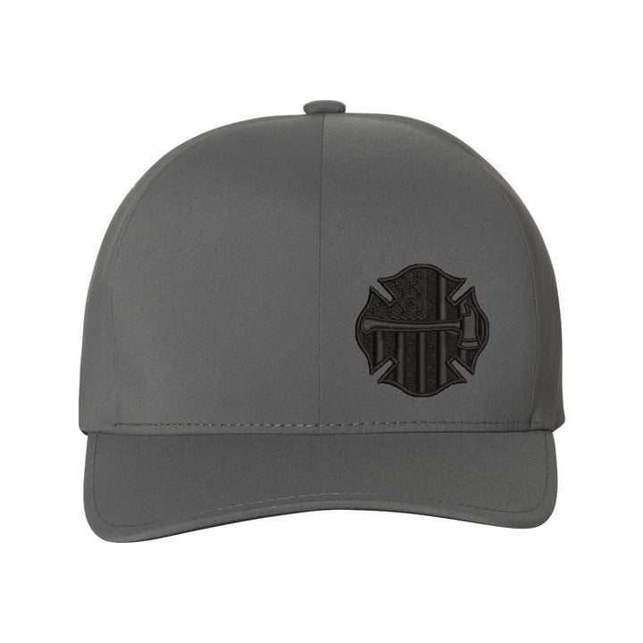 Thin Red Line Axe Maltese Blackout Delta FlexFit Hat, highlighting the sleek black design and comfortable FlexFit stretch.