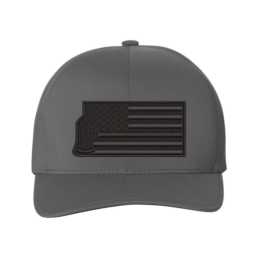 Close-up of the embroidered "Thin Red Line Axe Maltese" logo on the front of the Blackout Delta FlexFit Hat, highlighting the sharp design details.
