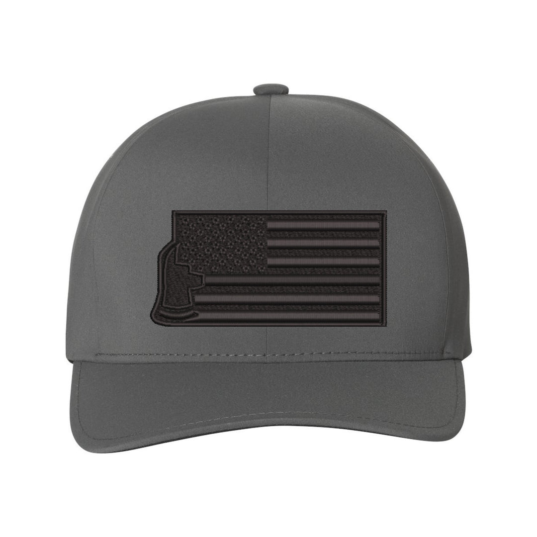 Close-up of the embroidered "Thin Red Line Axe Maltese" logo on the front of the Blackout Delta FlexFit Hat, highlighting the sharp design details.