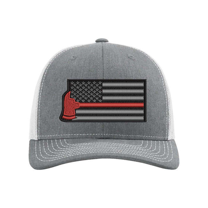 Black and gray trucker hat with firefighter Thin Red Line axe embroidery