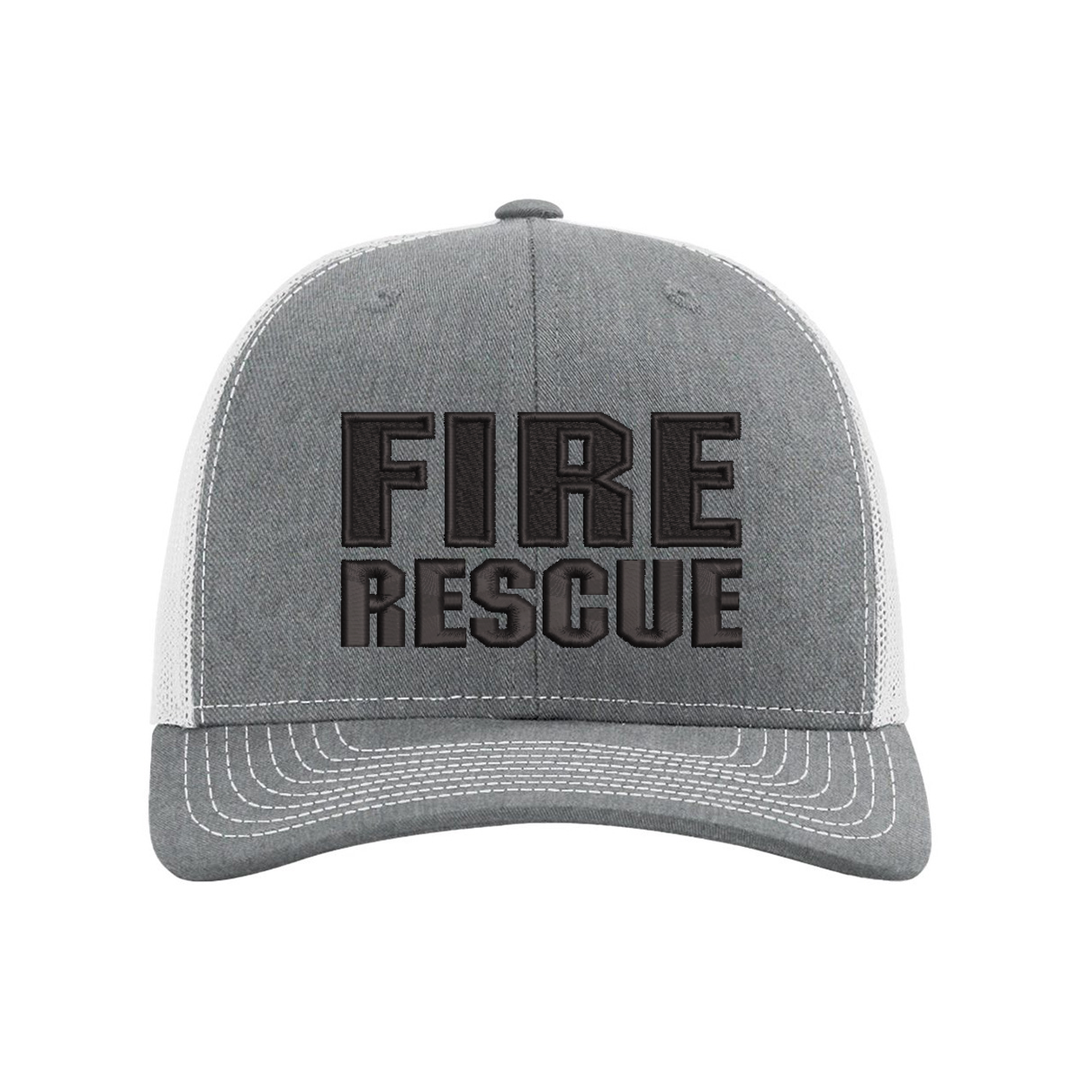 Front view of the Fire Rescue Blackout Snapback Trucker Hat, featuring bold "Fire Rescue" embroidery.