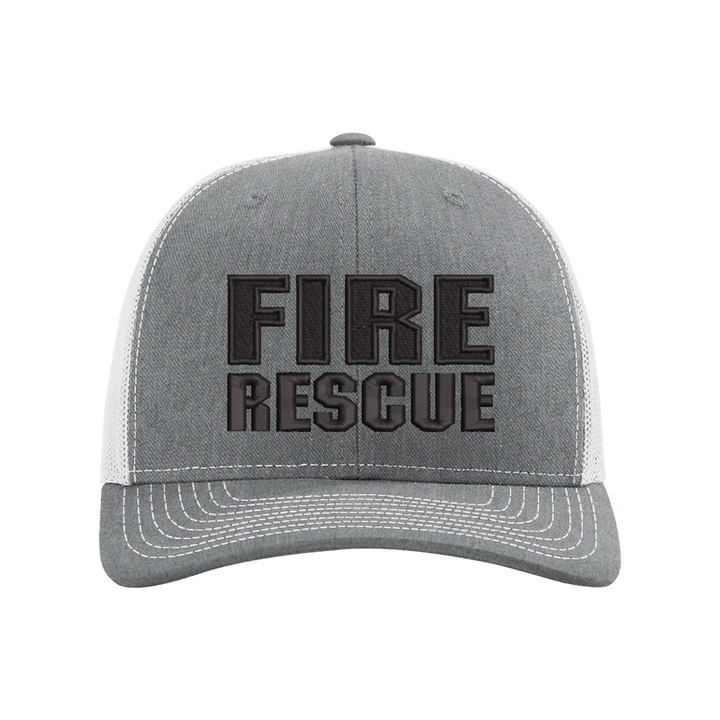 Front view of the Fire Rescue Blackout Snapback Trucker Hat, featuring bold "Fire Rescue" embroidery.