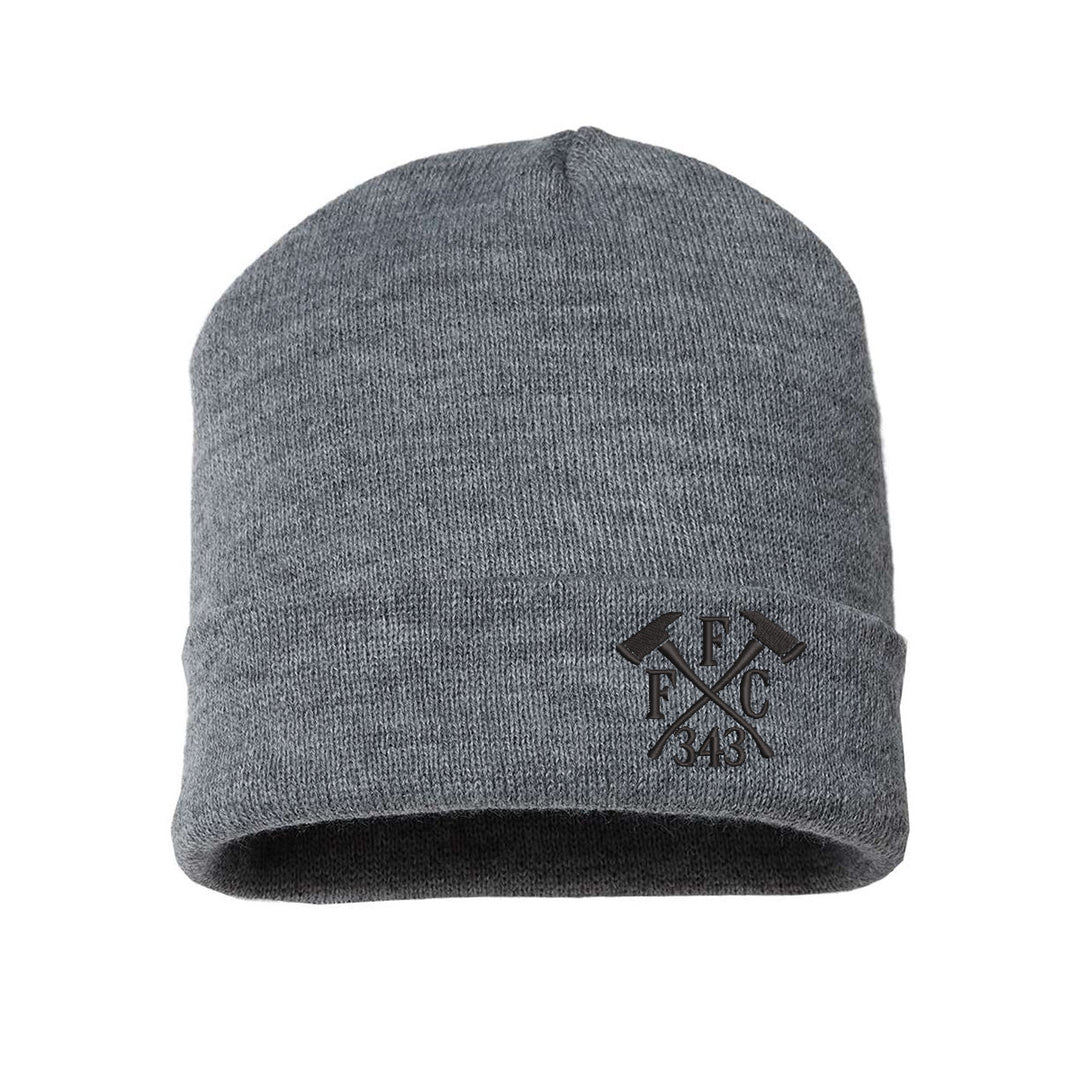 FFC 343 Blackout Collection beanie featuring black Crossed Axes emblem, symbolizing firefighter courage and sacrifice.