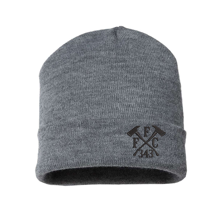 FFC 343 Blackout Collection beanie featuring black Crossed Axes emblem, symbolizing firefighter courage and sacrifice.
