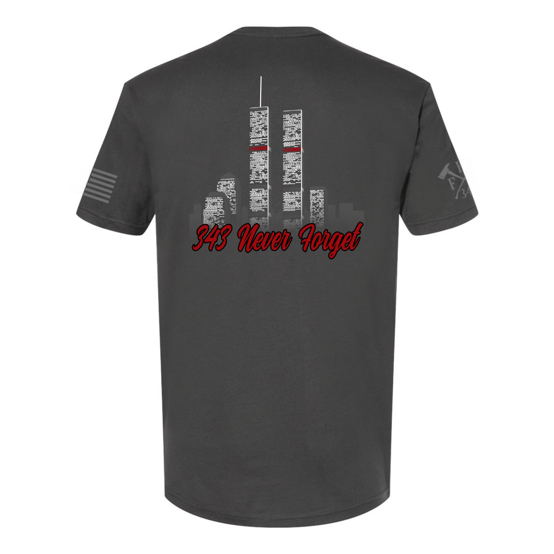 Back view of 9/11 firefighter T-Shirt in heavy metal color featuring full-back design features the Twin Towers, with "343 Never Forget"