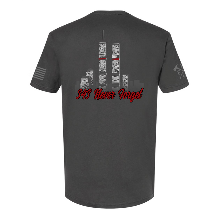 Back view of 9/11 firefighter T-Shirt in heavy metal color featuring full-back design features the Twin Towers, with "343 Never Forget"