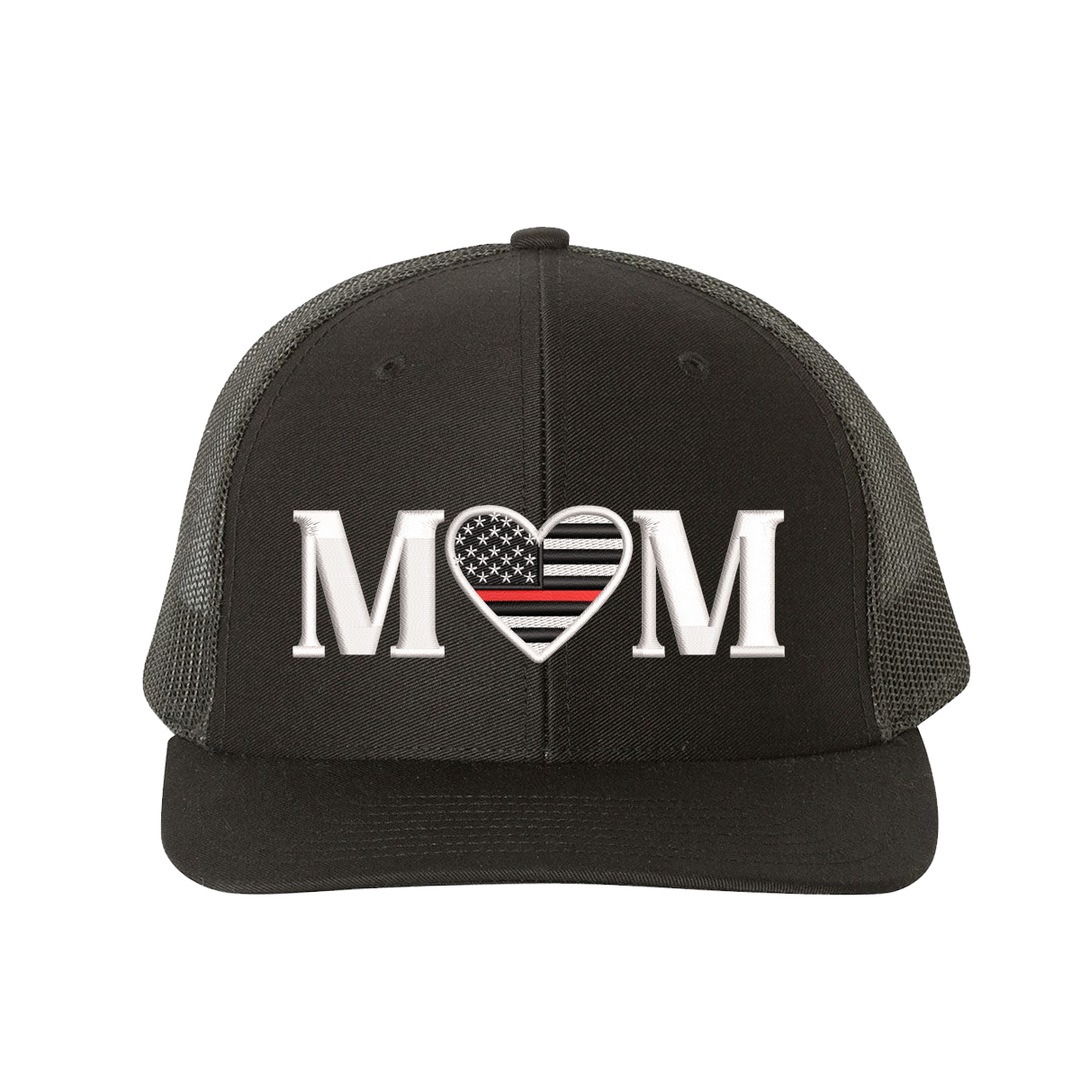 Black snapback trucker hat with Firefighter Mom design