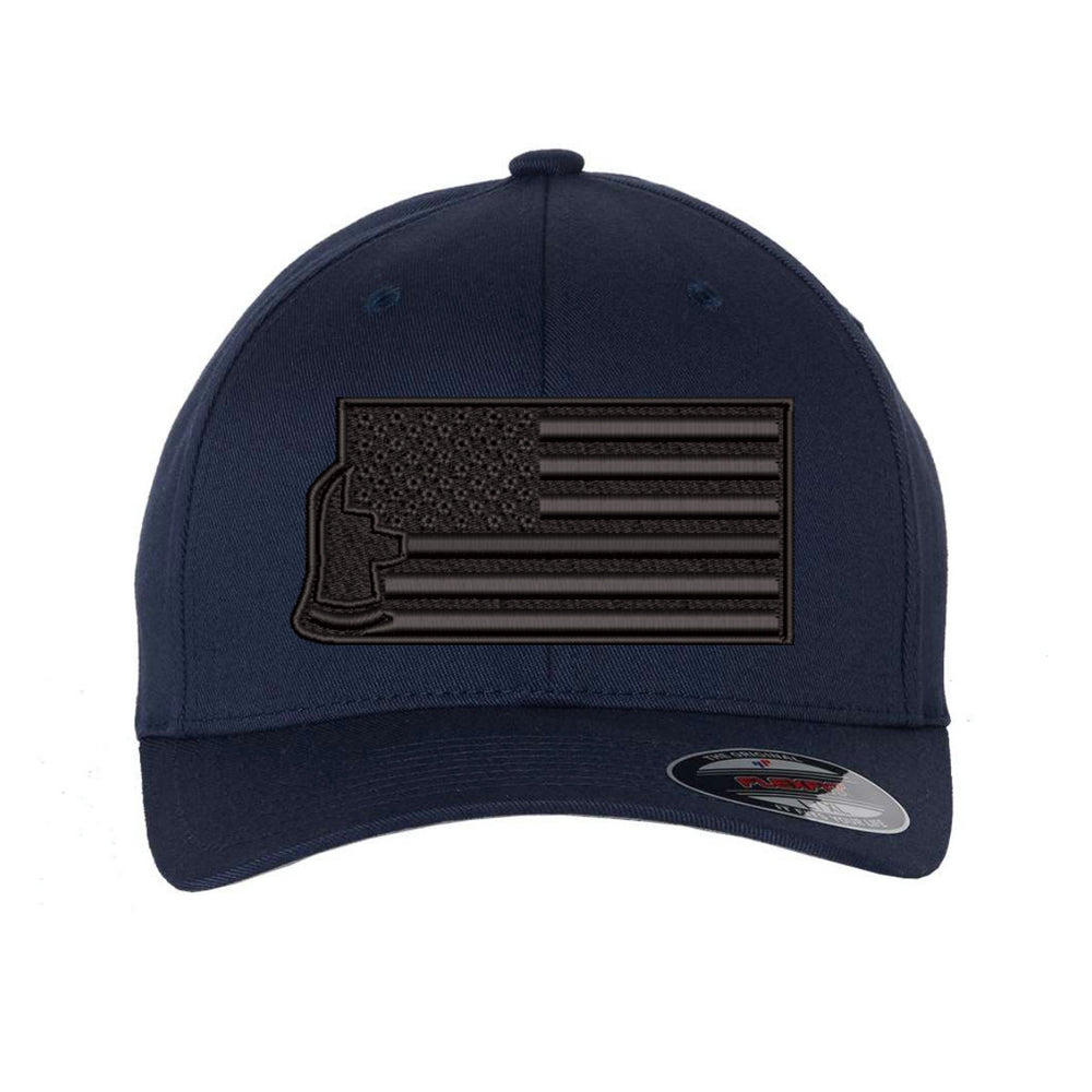 Close-up of the front of the Thin Red Line Axe Maltese Blackout Delta FlexFit