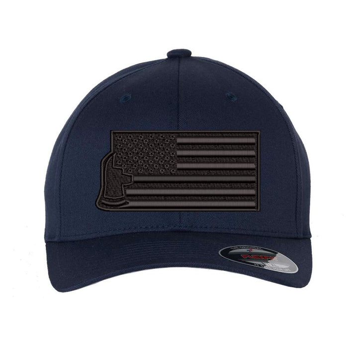 Close-up of the front of the Thin Red Line Axe Maltese Blackout Delta FlexFit